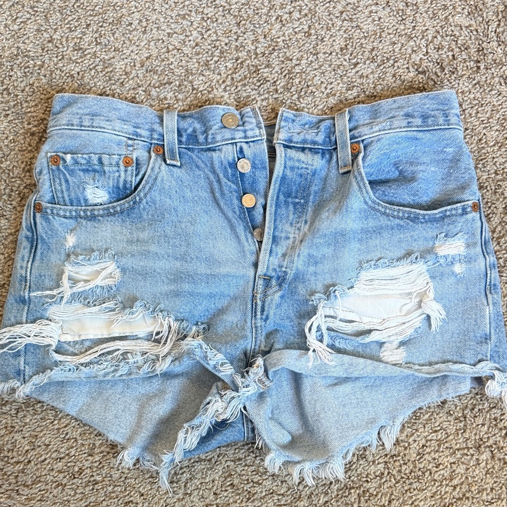 Trendy Light Blue Distressed Jean Shorts
